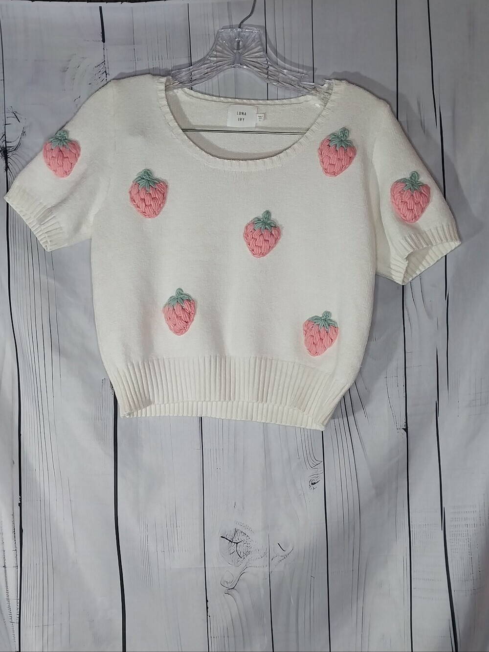 Luna Ivy Knitted Coquette Crop Top With 3D Textured Strawberry Appliques - Picture 1 of 6